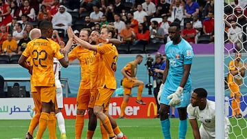 Netherlands' midfielder #21 Frenkie De Jong (C) celebrates scoring his team's second goal with his teammates during the Qatar 2022 World Cup Group A football match between the Netherlands and Qatar at the Al-Bayt Stadium in Al Khor, north of Doha on November 29, 2022. (Photo by Giuseppe CACACE / AFP)