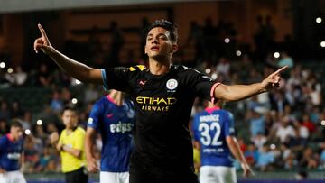 Soccer Football - Pre Season Friendly - Kitchee v Manchester City - Hong Kong Stadium, Hong Kong, China - July 24, 2019 Manchester City's Nabil Touaizi celebrates scoring their fifth goal REUTERS/Tyrone Siu