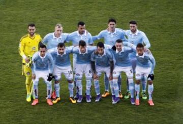 Once inicial del Celta de Vigo. De pie: Sergio Álvarez, Guidetti, Cabral, Pablo Hernández y Sergio Gómez. Agachados: Orellana, Jonny, Radoja, Hugo Mallo, Iago Aspas y Bongonda.