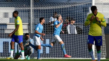 Israel's forward Dor Turgeman (2-R) celebrates after scoring his team's third goal during extra-time of the Argentina 2023 U-20 World Cup quarter-final football match between Israel and Brazil at the San Juan del Bicentenario stadium in San Juan, Argentina, on June 3, 2023. (Photo by Andres Larrovere / AFP)