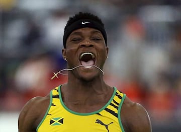 Omar McLeod after winning the men's 60 meters hurdles.