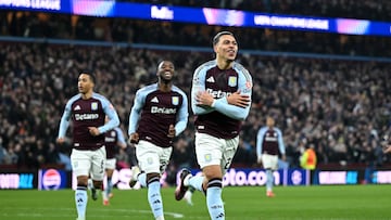 Aston Villa's English midfielder #27 Morgan Rogers celebrates scoring the team's second goal during the UEFA Champions League football match between Aston Villa and Celtic at Villa Park in Birmingham, central England on January 29, 2025. (Photo by JUSTIN TALLIS / AFP)