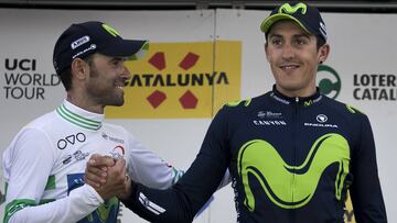 Alejandro Valverde y Marc Soler posan en el podio de la Volta a Catalunya 2017.
