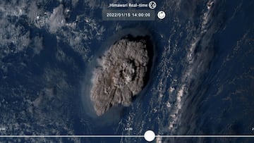 A plume rises over Tonga when the underwater volcano Hunga Tonga-Hunga Ha'apai erupted in this satellite image taken by Himawari-8, a Japanese weather satellite operated by Japan Meteorological Agency, on January 15, 2022 and released by National Institute of Information and Communications Technology (NICT) and obtained by Reuters on January 16, 2022. National Institute of Information and Communications Technology (NICT)/Handout via REUTERS ATTENTION EDITORS - THIS IMAGE HAS BEEN SUPPLIED BY A THIRD PARTY. MANDATORY CREDIT. NO RESALES. NO ARCHIVES.
