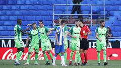 BARCELONA, SPAIN - JULY 05: Jonathan Silva of CD Leganes celebrates the 0-1 with his teammates during the Liga match between RCD Espanyol  and CD Leganes at RCDE Stadium on July 05, 2020 in Barcelona, Spain. (Photo by Eric Alonso/Getty Images)