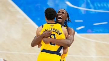 Jun 5, 2025; Oklahoma City, Oklahoma, USA; Indiana Pacers forward Aaron Nesmith (23) and guard Tyrese Haliburton (0) celebrate after winning game one of the 2025 NBA Finals against the Oklahoma City Thunder at Paycom Center. Mandatory Credit: Kyle Terada-Imagn Images