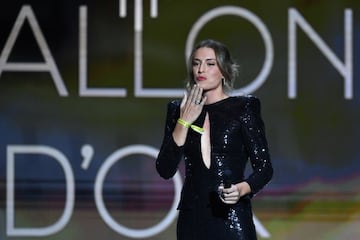 PARIS, FRANCE - NOVEMBER 29: Alexia Putellas (FC Barcelona) is awarded with the Ballon D'Or Trophy during the Ballon D'Or ceremony at Theatre du Chatelet on November 29, 2021 in Paris, France. (Photo by Aurelien Meunier/Getty Images)