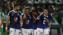 Los jugadores de Millonarios celebrando un gol del paraguayo Roberto Ovelar en el juego de vuelta de la Superliga &Aacute;guila ante Nacional