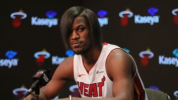 MIAMI, FLORIDA - OCTOBER 2: Jimmy Butler #22 of the Miami Heat speaks to reporters during media day at Kaseya Center on October 2, 2023 in Miami, Florida. NOTE TO USER: User expressly acknowledges and agrees that, by downloading and or using this photograph, User is consenting to the terms and conditions of the Getty Images License Agreement.   Sam Navarro/Getty Images/AFP (Photo by Sam Navarro / GETTY IMAGES NORTH AMERICA / Getty Images via AFP)