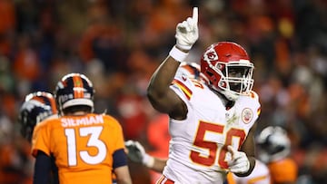 DENVER, CO - NOVEMBER 27: Outside linebacker Justin Houston #50 of the Kansas City Chiefs celebrates after sacking quarterback Trevor Siemian #13 of the Denver Broncos for a safety in the second quarter of the game at Sports Authority Field at Mile High on November 27, 2016 in Denver, Colorado.   Ezra Shaw/Getty Images/AFP
 == FOR NEWSPAPERS, INTERNET, TELCOS &amp; TELEVISION USE ONLY ==