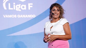 MADRID, 02/09/2024.- La presidenta de la Liga Femenina Beatriz Álvarez durante la presentación de la temporada 24/25 de la Liga Femenina de fútbol, este lunes en el Museo Reina Sofía, en Madrid. EFE/Daniel González