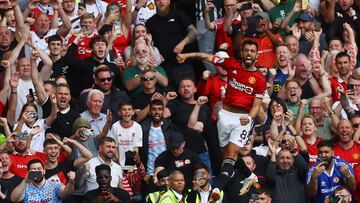 Soccer Football - Premier League - Manchester United v Nottingham Forest - Old Trafford, Manchester, Britain - August 26, 2023 Manchester United's Bruno Fernandes celebrates scoring their third goal Action Images via Reuters/Lee Smith EDITORIAL USE ONLY. No use with unauthorized audio, video, data, fixture lists, club/league logos or 'live' services. Online in-match use limited to 75 images, no video emulation. No use in betting, games or single club /league/player publications. Please contact your account representative for further details.