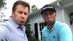 Caras Tristes. Sir Nick Faldo y Jon Rahm no pudieron jugar ayer en los pares 3 por la tormenta.