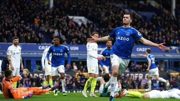 12 February 2022, United Kingdom, Liverpool: Everton's Michael Keane celebrates scoring his side's second goal during the English Premier League soccer match between Everton and Leeds United at Goodison Park. Photo: Peter Byrne/PA Wire/dpa
12/0