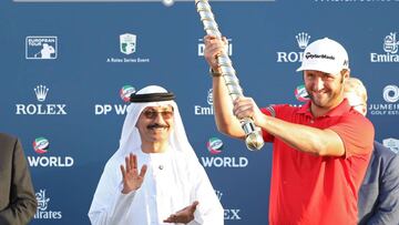 Jon Rahm of Spain celebrates after his victory at the end of the final round of the DP World Tour Golf Championship at Jumeirah Golf Estates on November 19, 2017, in Dubai.
 Tommy Fleetwood won the European Tour Order of Merit after a tense battle with Justin Rose that was decided only on the 72nd green of the DP World Tour Championship, the final event of the season.
 Spain's Jon Rahm won the $8 million (6.8 million euros) tournament, firing a five-under par 67 that gave him a one-shot advantage at 19-under par 269 over Ireland's Shane Lowry (63) and Thailand's Kiradech Aphibarnrat (67).
  / AFP PHOTO / KARIM SAHIB