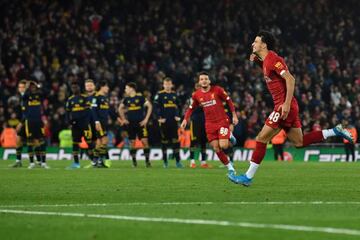 Liverpool's Curtis Jones wheels away after scoring the winning penalty in last night's penalty shoot-out against Arsenal.