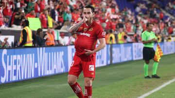 Aug 1, 2025; Harrison, New Jersey, USA; Toluca FC midfielder Jesus Angulo (10) celebrates after his goal against CF Montreal during the first half at Sports Illustrated Stadium. Mandatory Credit: Vincent Carchietta-Imagn Images