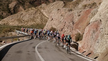 CHICLANA DE SEGURA, SPAIN - FEBRUARY 20: A general view of the peloton passing through a landscape during the 68th Vuelta A Andalucia - Ruta Del Sol 2022 - Stage 5 a 164,4km stage from Huesa to Chiclana De Segura 870m / #68RdS / on February 20, 2022 in Chiclana De Segura, Spain. (Photo by Bas Czerwinski/Getty Images)