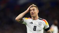 23 March 2024, France, Lyon: Soccer: International matches, France - Germany, Groupama Stadium. Germany's Toni Kroos reacts. Photo: Christian Charisius/dpa (Photo by Christian Charisius/picture alliance via Getty Images)