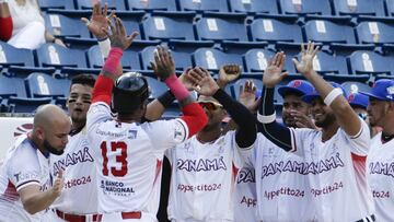 Allen Cordoba (13) of Panama's Los Toros de Herrera celebrates his first run against Cuba's Los Leneros de las Tunas during the first inning of the final, Caribbean Series baseball tournament's championship game at Rod Carew stadium in Panama City, Sunday, Feb. 10, 2019. (AP Photo/Arnulfo Franco)