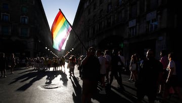 PALMA DE MALLORCA, BALEARIC ISL, SPAIN - JUNE 28: A man raises a flag during a demonstration for LGTBI Pride, on 28 June, 2022 in Palma de Mallorca, Balearic Islands, Spain. With this march, which is being held under the slogan '30 years of struggle. Rights and resilience', during the International LGBT Pride Day, the attendees want to claim the "historical memory" of the Lgtbi collective; as well as the defense of the Rights of the people of the collective and the approval of the Trans Law. (Photo By Isaac Buj/Europa Press via Getty Images)