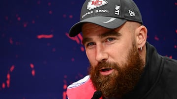 Travis Kelce of the Kansas City Chiefs speaks during Super Bowl LVIII Opening Night at Allegiant Stadium in Las Vegas, Nevada on February 5, 2024. (Photo by Patrick T. Fallon / AFP)
