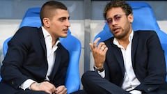 Paris Saint-Germain&#039;s Italian midfielder Marco Verratti (L) speaks with Paris Saint-Germain&#039;s Brazilian forward Neymar Jr ahead of the French Cup final football match between Les Herbiers and Paris Saint-Germain (PSG), on May 8, 2018 at the Stad