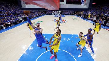 Jun 8, 2025; Oklahoma City, Oklahoma, USA; Oklahoma City Thunder guard Alex Caruso (9) shoots against Indiana Pacers forward Obi Toppin (1) during the second half during game two of the 2025 NBA Finals at Paycom Center. Mandatory Credit: Julio Cortez-Pool Photo via Imagn Images