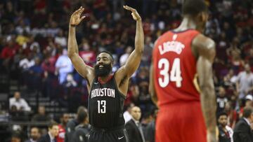 Mar 24, 2018; Houston, TX, USA; Houston Rockets guard James Harden (13) reacts after a play to end the second quarter against the New Orleans Pelicans at Toyota Center. Mandatory Credit: Troy Taormina-USA TODAY Sports