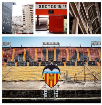 Fachada de Mestalla, con un escudo provisional por el centenario del estadio, con el murciélago de la Grada de la Mar de fondo / Fotos: David González