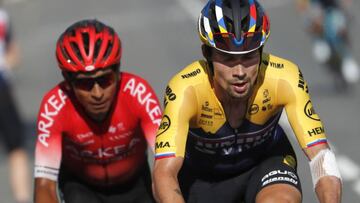 Slovenia's Primoz Roglic and Colombia's Nairo Quintana climb Peyresourde pass during the stage 8 of the Tour de France cycling race over 141 kilometers (87.6 miles) from Cazeres-sur-Garonne to Loudenvielle, France, Saturday, Sept. 5, 2020. (AP Photo/Thibault Camus)