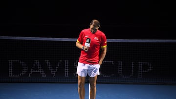 Spain's Rafael Nadal talks during a tribute to his career at the end of the quarter-final doubles match between Netherlands and Spain during the Davis Cup Finals at the Palacio de Deportes Jose Maria Martin Carpena arena in Malaga, southern Spain, on November 19, 2024. Superstar Rafael Nadal's glittering career in professional tennis came to an end on November 19, 2024 as Netherlands eliminated Spain in the Davis Cup quarter-finals. (Photo by JORGE GUERRERO / AFP)