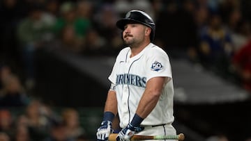 Mar 28, 2026; Seattle, Washington, USA; Seattle Mariners catcher Cal Raleigh (29) reacts after striking out during the ninth inning against the Cleveland Guardians at T-Mobile Park. Mandatory Credit: Stephen Brashear-Imagn Images