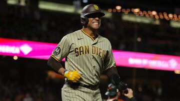 Sep 25, 2023; San Francisco, California, USA; San Diego Padres left fielder Juan Soto (22) reacts after getting called out at home plate during the ninth inning against the San Francisco Giants at Oracle Park. Mandatory Credit: Sergio Estrada-USA TODAY Sports