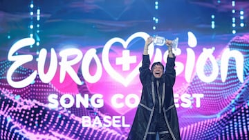JJ, representing Austria with "Wasted Love", winner of the 2025 Eurovision Song Contest, holds the trophy during the Grand Final, in Basel, Switzerland, May 18, 2025. REUTERS/Denis Balibouse TPX IMAGES OF THE DAY