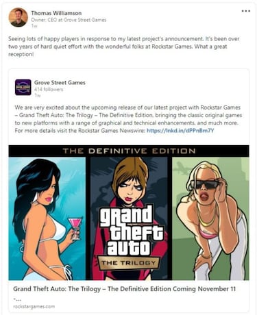 GTA Trilogy lleva en desarrollo “más de dos años”, según el estudio encargado