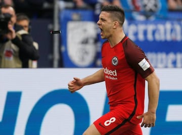 In demand | Eintracht Frankfurt's Luka Jovic celebrates scoring their second goal from the penalty spot.