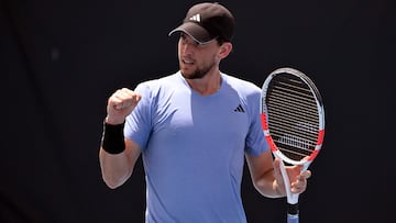 Austria's Dominic Thiem reacts during his men's singles match against Italy's Giulio Zeppieri at the Brisbane International tennis tournament in Brisbane on December 31, 2023. (Photo by William WEST / AFP) / --IMAGE RESTRICTED TO EDITORIAL USE - STRICTLY NO COMMERCIAL USE--