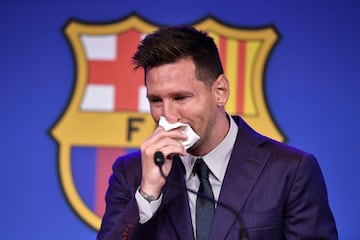 Messi, muy emocionado durante la rueda de prensa.