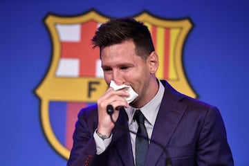 Messi, muy emocionado durante la rueda de prensa. 