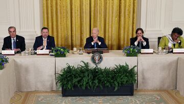 U.S. President Joe Biden speaks as President of Dominican Republic Luis Abinader, President of Costa Rica Rodrigo Chaves, President of Uruguay Luis Alberto Lacalle Pou and Barbados Prime Minister Mia Mottley sit nearby during the Americas Partnership for Economic Prosperity Leaders' Summit at the White House in Washington, U.S., November 3, 2023. REUTERS/Leah Millis