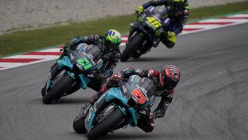 20 Quartararo Fabio (fra), Yamaha YZR-M1, Petronas Yamaha SRT, action with 21 Morbidelli Franco (ita), Yamaha YZR-M1, Petronas Yamaha SRT and 46 Rossi Valentino (ita), Yamaha YZR-M1, Monster Energy Yamaha MotoGP during the 2020 MotoGP Gran Premi Monster Energy de Catalunya, from September 25 to 27, 2020 on the Circuit de Barcelona-Catalunya, in Montmelo, near Barcelona, Spain - Photo Studio Milagro / DPPI
 AFP7 
   (Foto de ARCHIVO)
 24/07/2019 ONLY FOR USE IN SPAIN