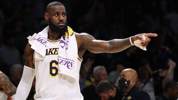 LOS ANGELES, CALIFORNIA - APRIL 09: LeBron James #6 of the Los Angeles Lakers reacts after a 128-117 win over the Utah Jazz at Crypto.com Arena on April 09, 2023 in Los Angeles, California. NOTE TO USER: User expressly acknowledges and agrees that, by downloading and or using this photograph, User is consenting to the terms and conditions of the Getty Images License Agreement.   Harry How/Getty Images/AFP (Photo by Harry How / GETTY IMAGES NORTH AMERICA / Getty Images via AFP)