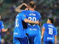 Jose Antonio Paradela celebrates his goal 1-2 with Carlos Rotondi of Cruz Azul during the 9th round match between Santos and Cruz Azul as part of the Liga BBVA MX Varonil, Torneo Clausura 2026 at TSM Corona Stadium, on March 03, 2026 in Torreon, Coahuila, Mexico.