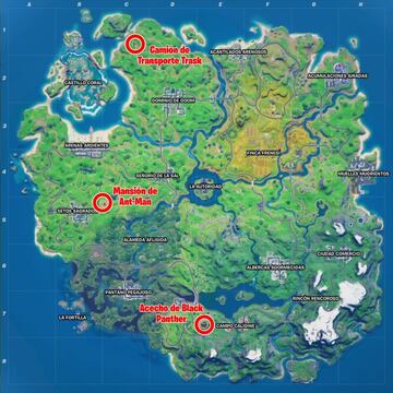 Mapa con los nuevos lugares emblem&aacute;ticos de Marvel en la isla de Fortnite