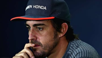 MONTREAL, QC - JUNE 08: Fernando Alonso of Spain and McLaren Honda talks in the Drivers Press Conference during previews for the Canadian Formula One Grand Prix at Circuit Gilles Villeneuve on June 8, 2017 in Montreal, Canada.   Dan Istitene/Getty Images/AFP
 == FOR NEWSPAPERS, INTERNET, TELCOS &amp; TELEVISION USE ONLY ==