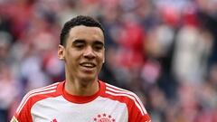 Bayern Munich's German midfielder #42 Jamal Musiala celebrates scoring his team's fifth goal during the German first division Bundesliga football match Bayern Munich v Mainz 05 in Munich, southern Germany on March 9, 2024. (Photo by LUKAS BARTH / AFP) / DFL REGULATIONS PROHIBIT ANY USE OF PHOTOGRAPHS AS IMAGE SEQUENCES AND/OR QUASI-VIDEO