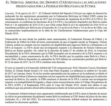 El TAS falla a favor de Chile que retiene los puntos ante Bolivia