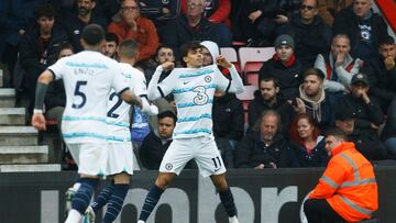 Chelsea's Portuguese striker Joao Felix (C) celebrates scoring his team's third goal during the English Premier League football match between Bournemouth and Chelsea at the Vitality Stadium in Bournemouth, southern England on May 6, 2023. (Photo by Ian Kington / AFP) / RESTRICTED TO EDITORIAL USE. No use with unauthorized audio, video, data, fixture lists, club/league logos or 'live' services. Online in-match use limited to 120 images. An additional 40 images may be used in extra time. No video emulation. Social media in-match use limited to 120 images. An additional 40 images may be used in extra time. No use in betting publications, games or single club/league/player publications. / 