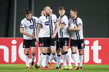 Dundalk's players celebrate after scoring against Maccabi Tel Aviv but it wasn't to be enough.